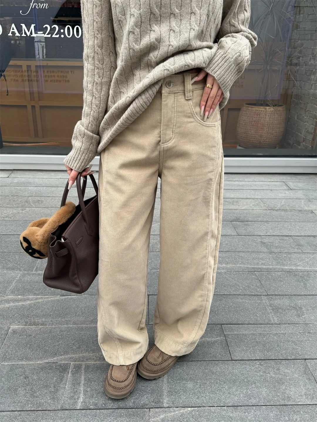 

High Waist Corduroy Fce Lined Wide Leg Casual Pants YKK Zipper Retro Preppy Sle Artistic Trousers for Women