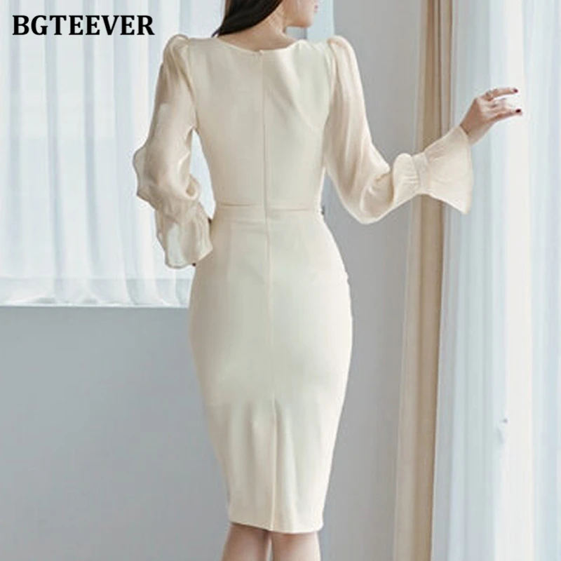 BGTEEVER Fashion Square Collar Women Slim Package Hip Midi Dress elegante manica lunga femminile Skinny Bodycon Dress autunno Vestidos