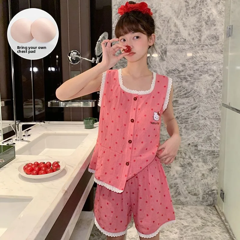 

Summer sleeveless pajamas Hello Kitty cute cartoon vest set with chest pads