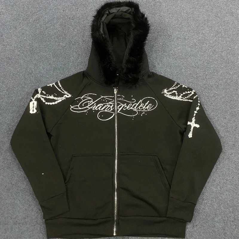 Y2k outono inverno moda americana botões destacáveis aba de pelúcia com capuz carta impressão arte feminina solta manga comprida casaco casual