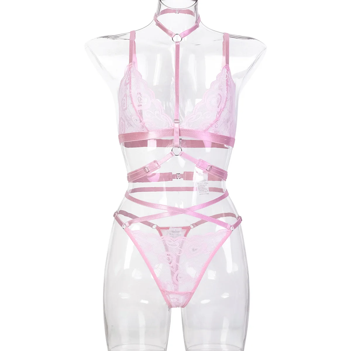 

Pink Playful Girl Sexy French Lace Thin Perspective Neck Suit Underwear