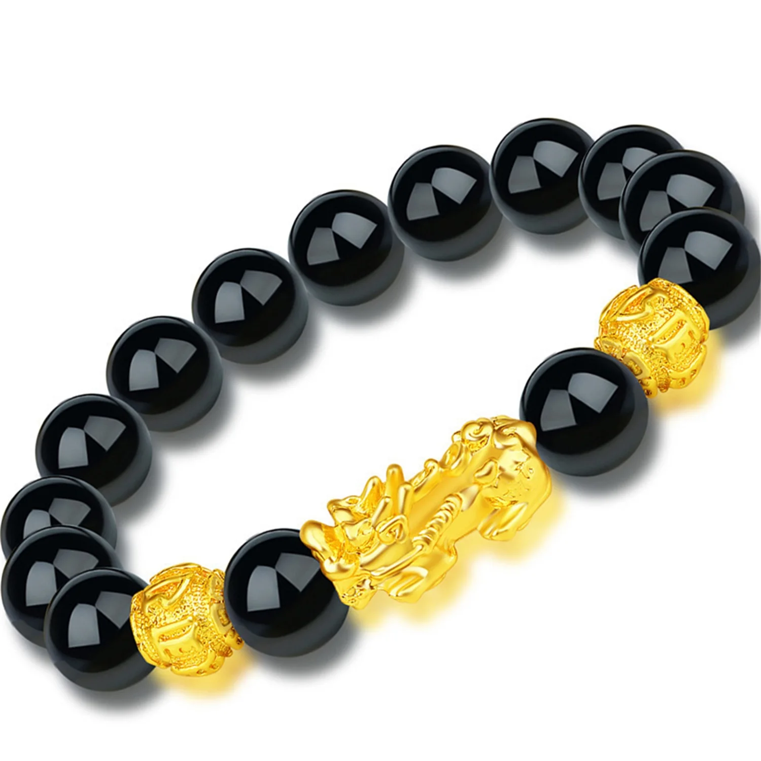Pixiu Obsidian Bracelet Gold Vietnamese Sand Plated Beads Lucky Charm Wrist Wear Unisex Feng Shui Protection Jewelry for Couples