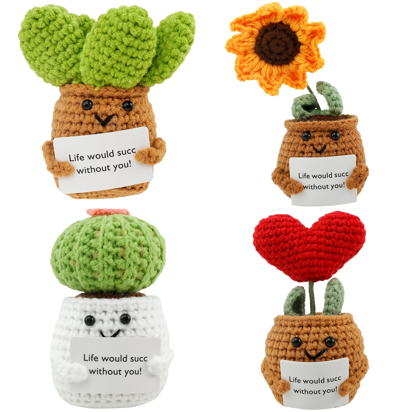 

4pcs Crochet Potted Plants with Inspirational Card Cute Knitted Doll Plants Handmade Emotional Support Crochet Dolls Funny Mini