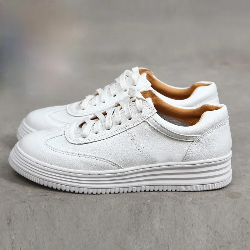 Sapatilhas Chunky de couro branco para mulheres, Lace Up Tennis, Sapatos Plataforma, Moda Casual