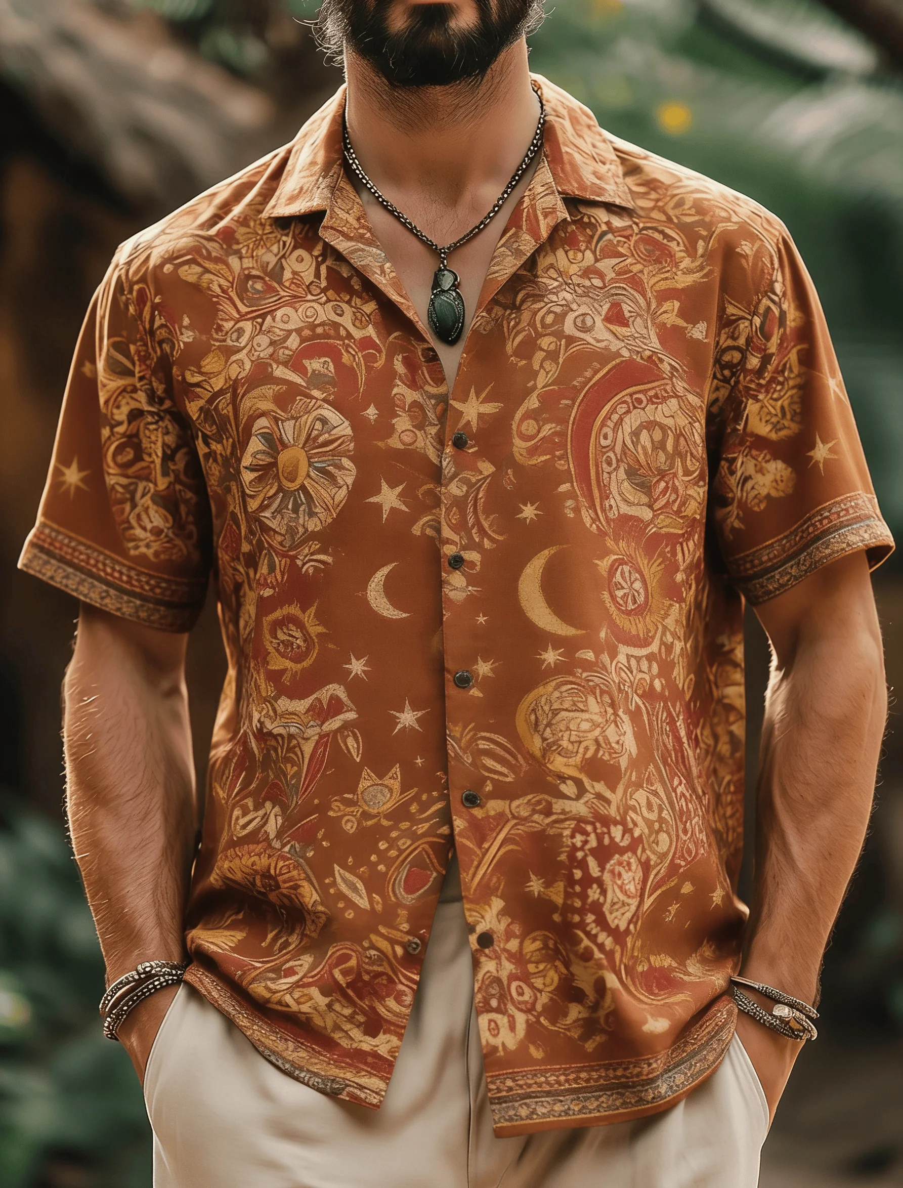 

Men's Vintage Totem Print Short Sleeve Shirt, Spring Summer Boho Casual Top, Pocket Lapel Style