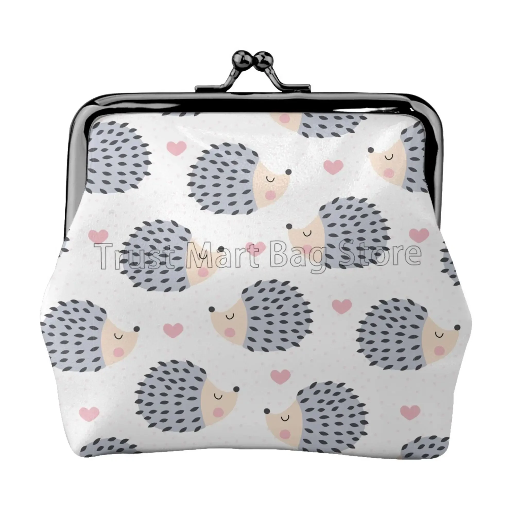 Cute Hedgehog Love Pattern Mini Leather Coin Purse Small Kiss-Lock Change Pouch Clasp Closure Buckle Wallet for Women Gifts
