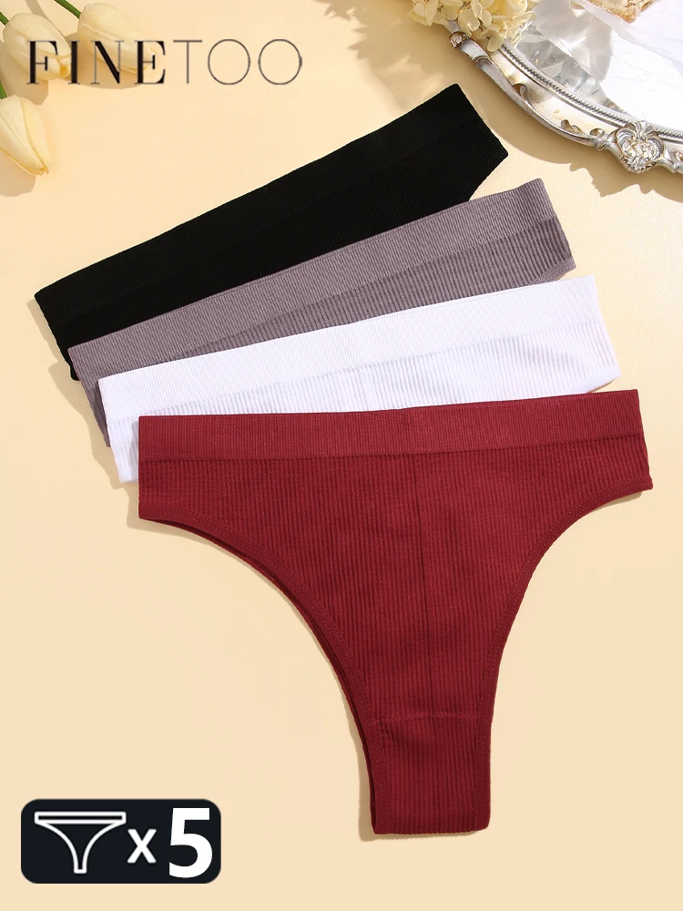 FINETOO 5PCS Seamless Ribbed Striped Underwear For Women Sexy Low-Waist Brazilian Panties Female Solid G-String Lingerie S-XL