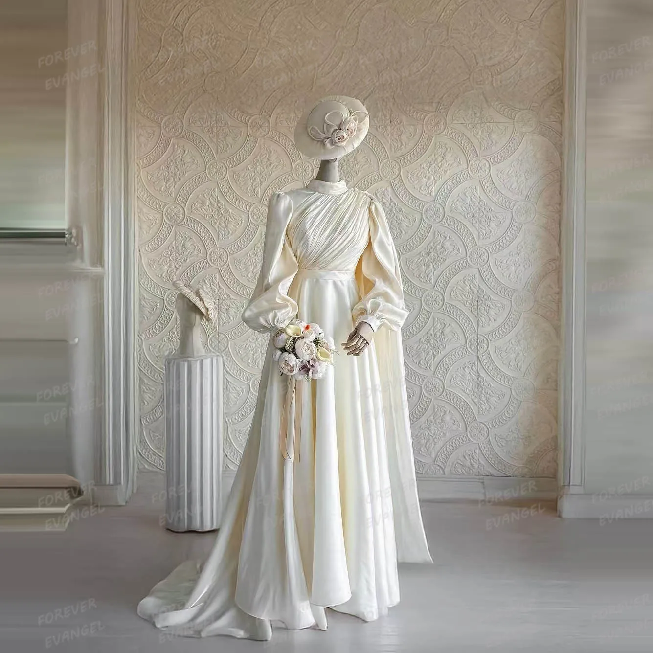 

Formal A Line Wedding Dresses Woman's Sexy High Neck Long Sleeve Bride Gowns Muslim Pleat Satin Vestido De Novia Customized 2025
