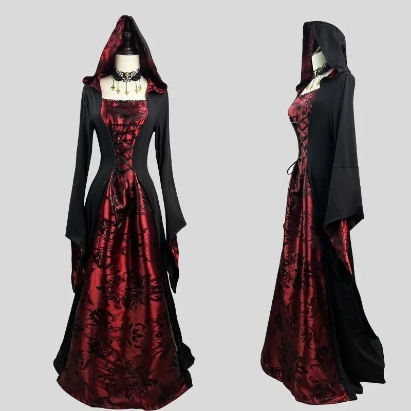 

Medieval Renaissance Maxi Train Dress Women Halloween Devil Pagan Witch Wedding Costume Hooded Gown Robe Cosplay Costume