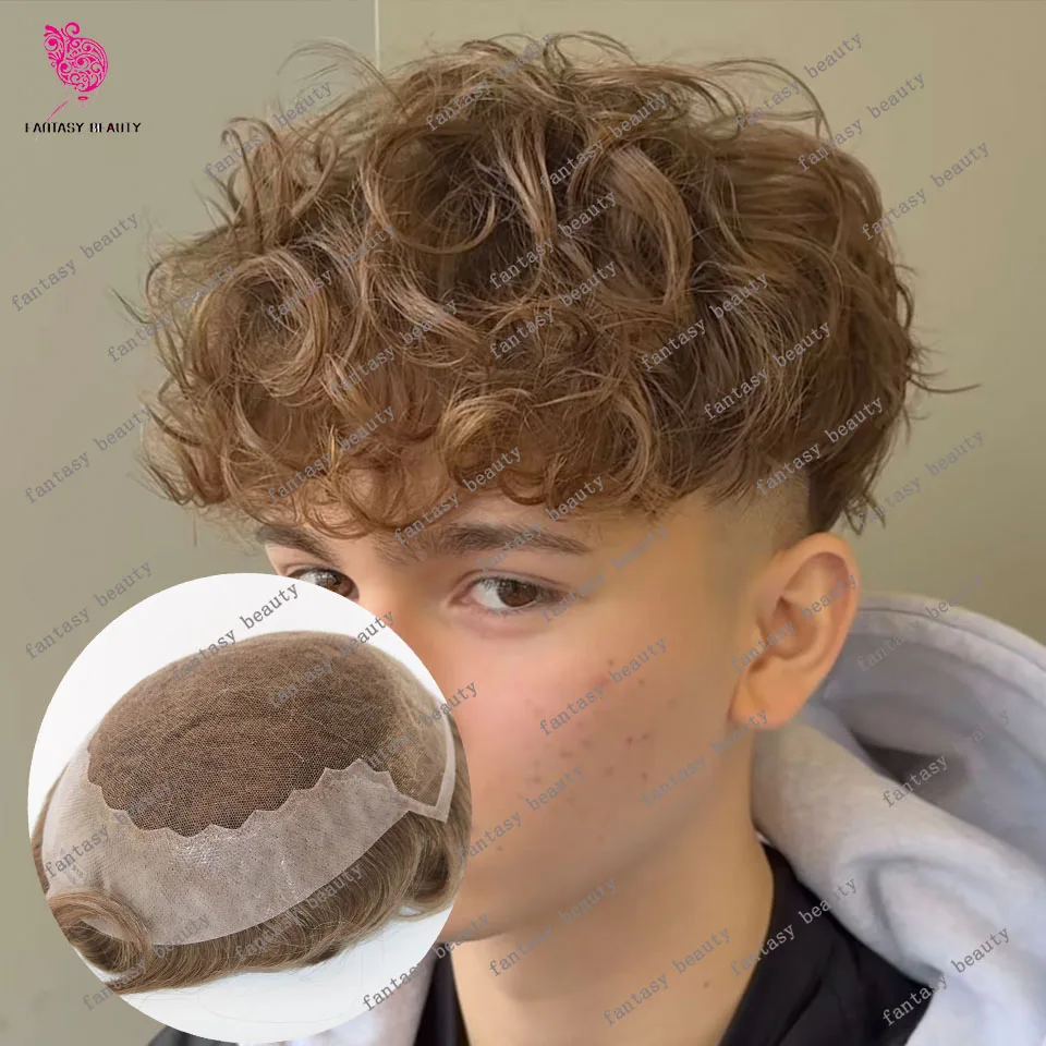 Light Brown 26mm Curly Q6 Natural Hairline Invisible Lace &Pu Exhaust Men Toupee 1B40 1B80 Gray Human Hair Bleach Knots Prosthes