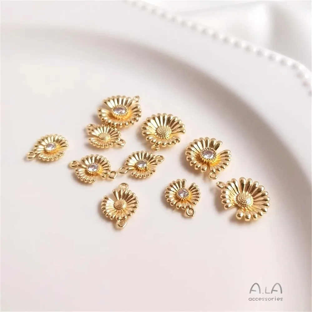 

14K Gold Inlaid Zircon Small Daisy Pendant Diy Bracelet Collarbone Necklace Double-hole Small Flower Pendant Accessories