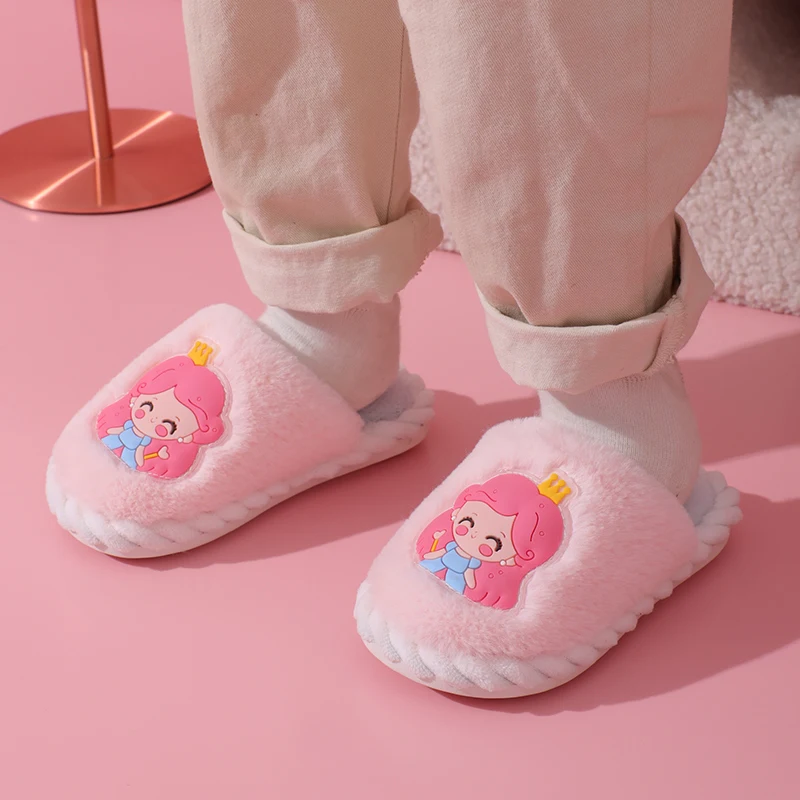 Winter Cute A Little Princess Non-slip Children\'s Plush Slippers Soft Sole Flip Flops Kids Girls Indoor Warm Home Cotton Shoes