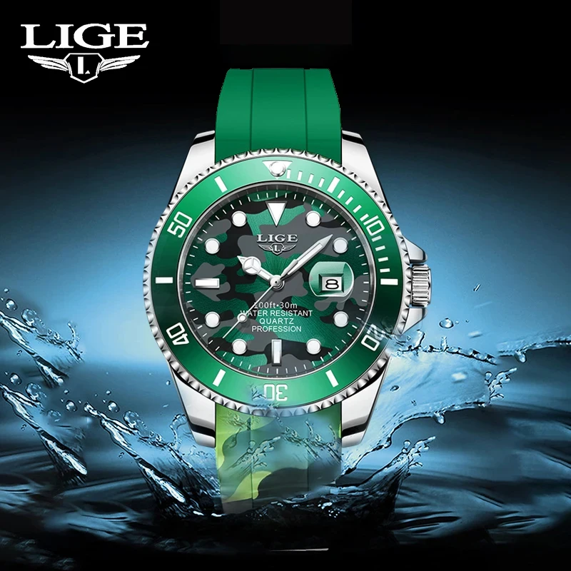 

LIGE Military Camouflage Quartz Watch For Men Top Brand Fashion Green Silicone WristWatch Sport Auto Date Watches Reloj Hombre