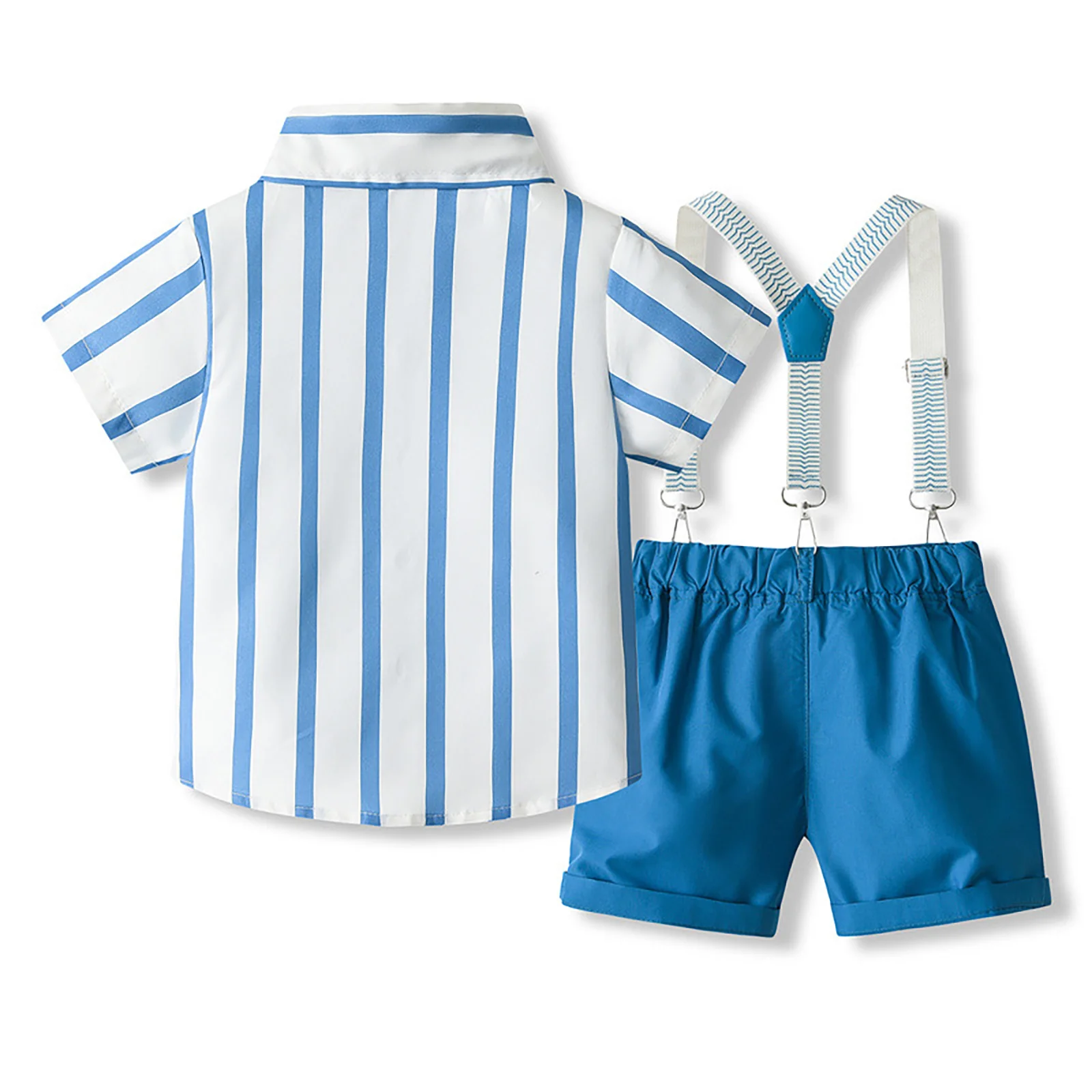 Conjunto de ropa de caballero de bautizo para niños, camisa de manga corta a rayas con pajarita, tirantes, pantalones, traje de fiesta de cumpleaños