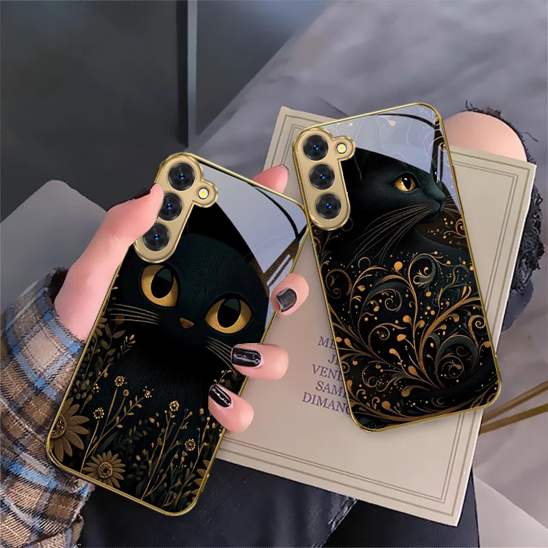 삼성 갤럭시 S20 FE S21 S22 S23 플러스 S24 울트라 S25울트라 S21+ S9+ S22플러스 골든 글래스 폰 케이스용 환상적인 검은 고양이