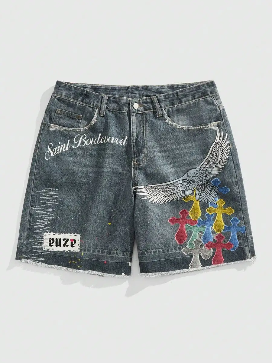 

Street Life Color Block Patchwork Cross Denim Shorts Streetwear Y2k Jeans Men Women Hip Hop Loose Denim Fitness Casual Short