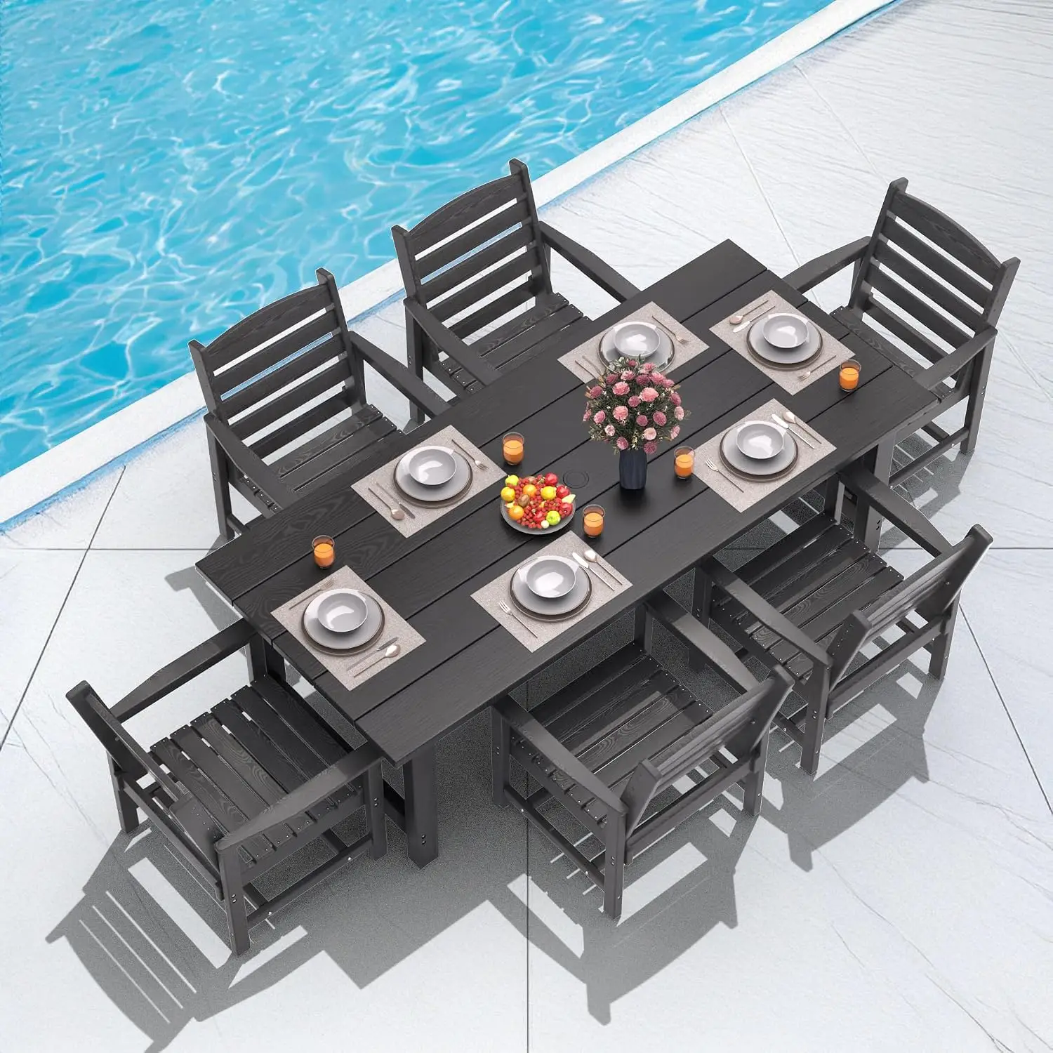 7 Piece HDPE Patio Dining Set for 6, Table with Umbrella Hole & Chairs for Garden Backyard Lawn Poolside, Customized