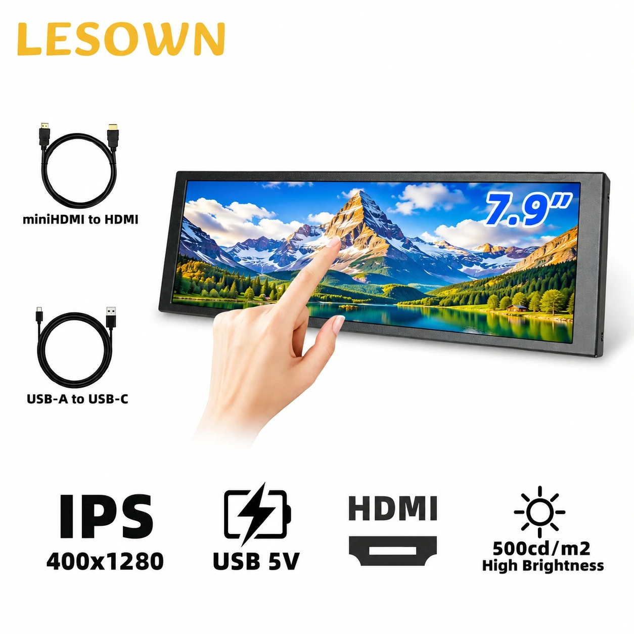 LESOWN 7.9'' Matte External Monitor Plug and Play 1280x400 miniHDTV PC Case Sub-screen 60Hz
