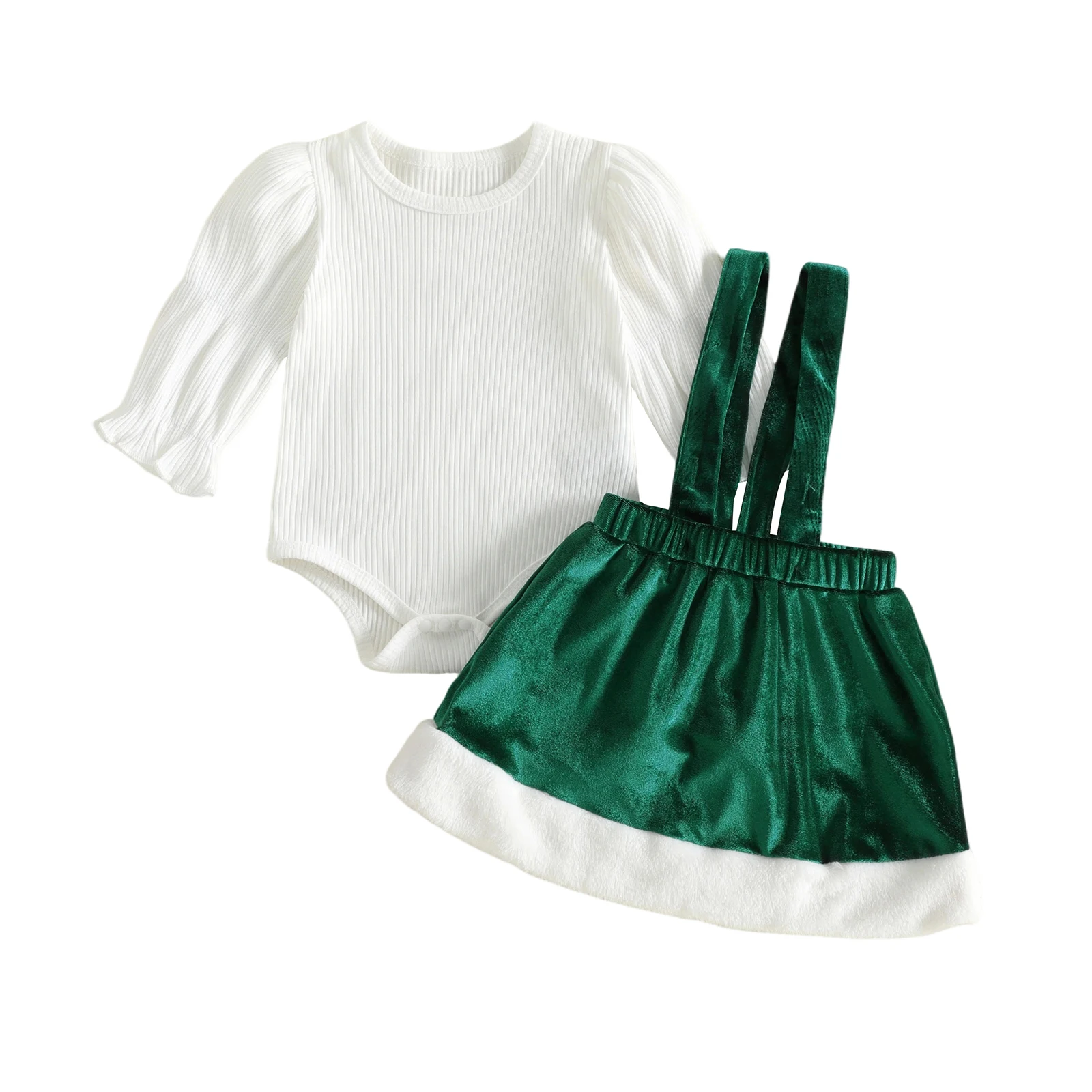 Baby Girl Christmas Outfit Long Sleeve Romper Plush Overalls Skirt Set
