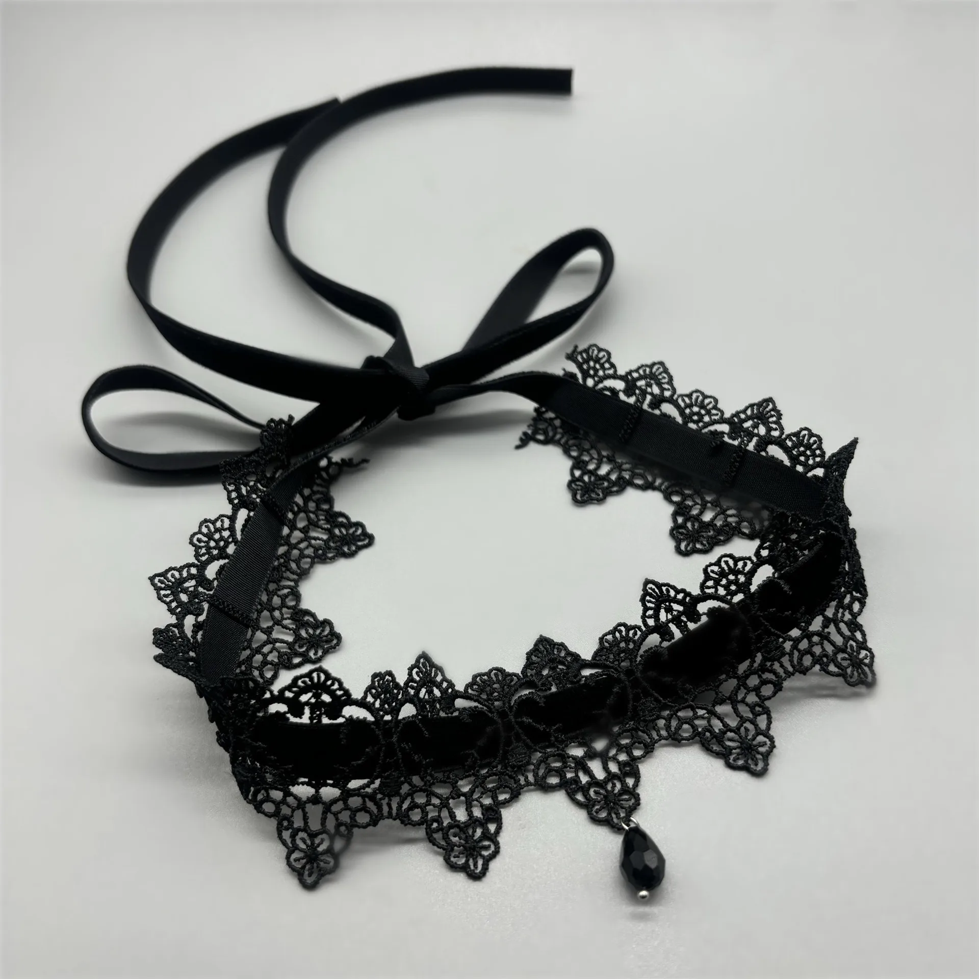 Chinese Style Lucky Blessing Gothic Burgundy Velvet Black Lace Choker Necklace Adjustable Tie Up Clavicle Chain Two Color Option