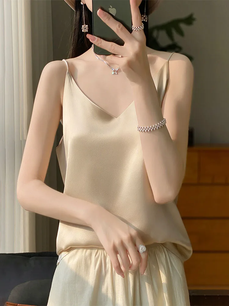 Women Satin V Neck Cami Top Thin Spaghetti Strap Tank Top Elegant Glossy Silk Camisole Inner Wear Blouse