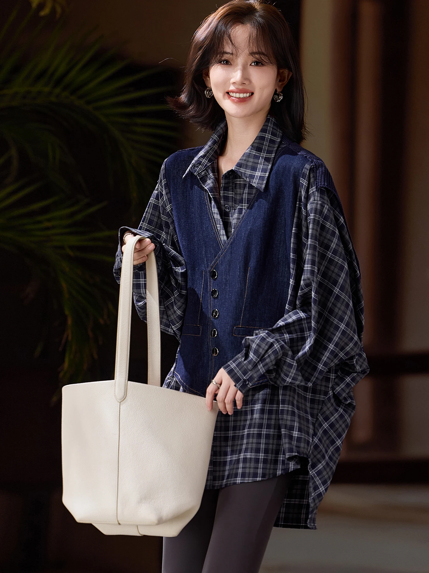 

Sli Denim Plaid Two-Piece irt Women's Autumn 2025 New irt Stand Large Size Top Trendy Fake Two-Piece Casual irt
