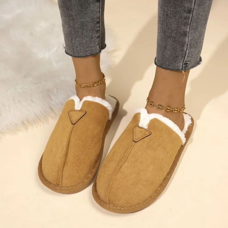 

2024 Hot Sale Women Winter Slippers Closed Toe Solid Color Suede Plush Warm Comfortable Low Heel Casual Slippers Mujer Zapatos