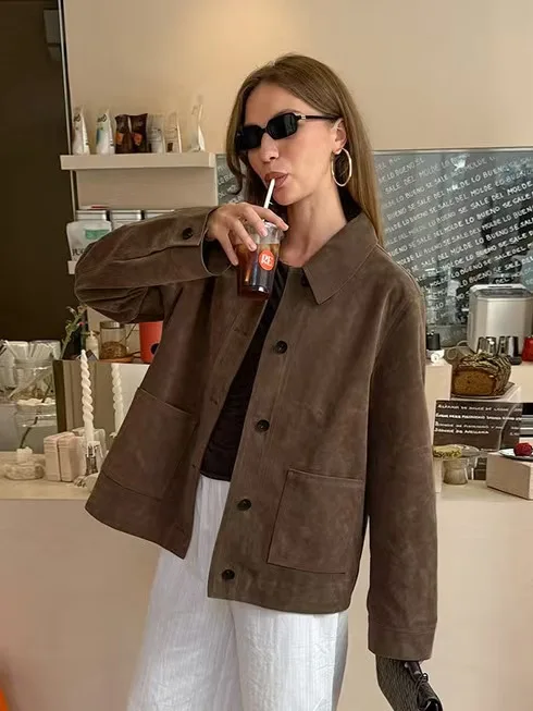 

Retro Suede Long Sve Jaet Simple Loose Collar Cardigan Top for Young Women Commute Sle Pure Color Autumn Faion