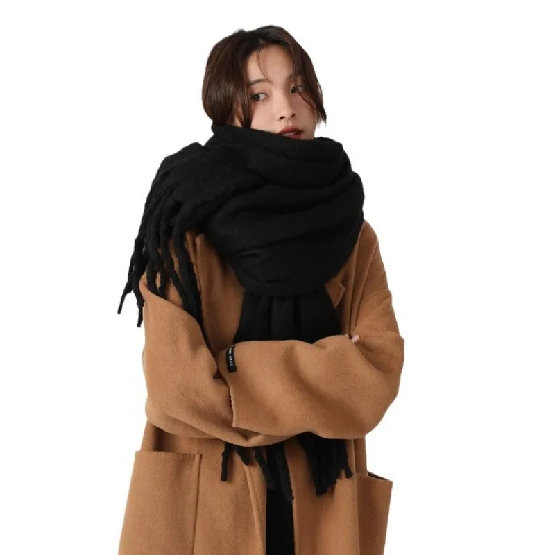 Protective Soft Large Solid White Mohair Scarf with Tassels for Women Couples Students Winter Daily Wear