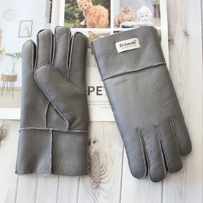 New winter warm men\'s sheepskin fur gloves leather thick wool outdoor wind and cold gloves