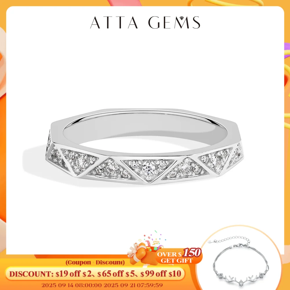 

ATTAGEMS 925 Sterling Silver Band Eternity Moissanite Ring Geometric Angular For Women 18kGold Plated Luxury Anniversary Jewelry