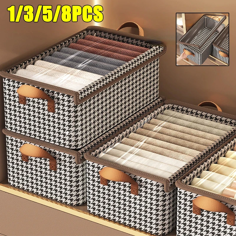 8Pcs Thousand Bird Grid Clothes Storage Box with Lid Foldable Closet Storage Box Clothes Clothes Pants Household Storage Basket