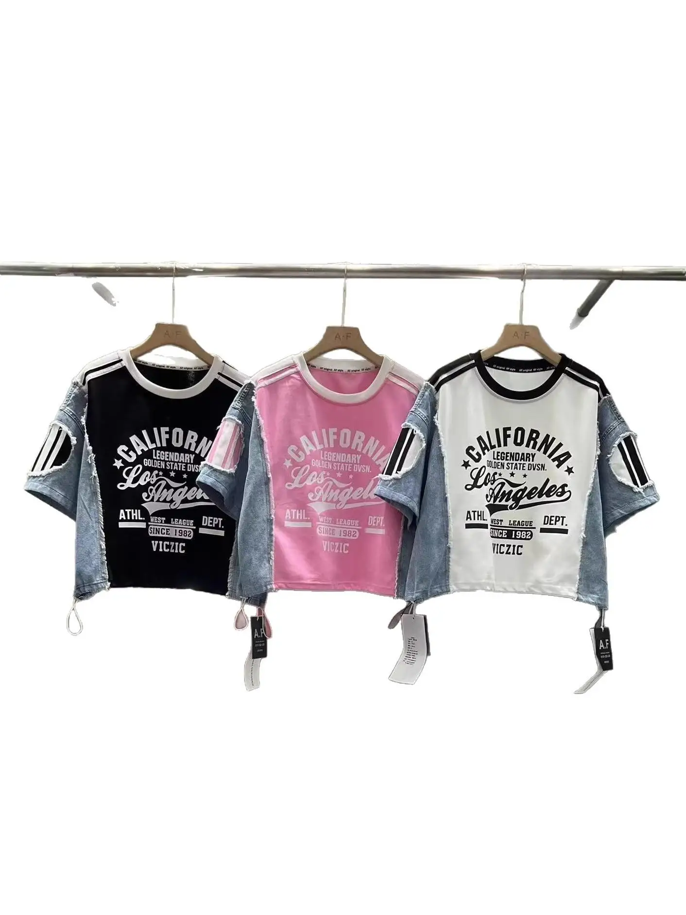 Casual Summer Women's Outfit T-Shirt And Jeans Set Letter Print Splicing Loose Long Pants Drawstring Cotton Denim Ensemble view 5