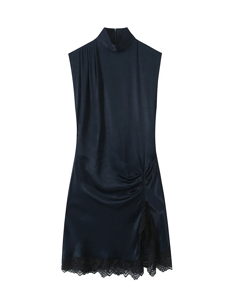 HH Woman Sexy Dress Solid Splice Lace Decoration Zipper Mini Dress Female Summer Fashion Sleeveless Pleated Satin Texture Dress