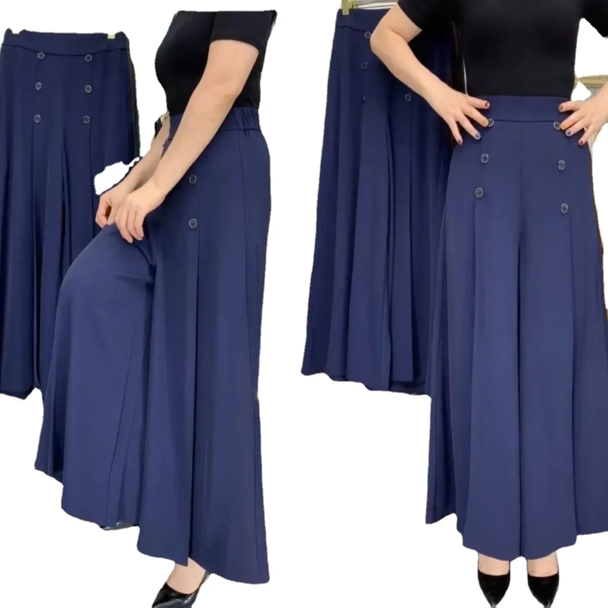 Women\'s Wide Leg Pants 2023 Spring Summer Elastic Waist Button Ankle-Length Casual Pants Fashion Loose Vintage Ladies Trousers