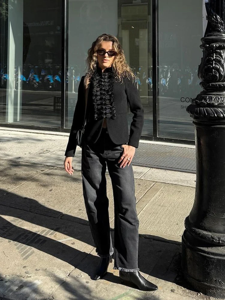 

Women's Elegant Black Napoleon Military Jacket Fashion Stand Collar Braided Buttons Short Coats 2026 New Spring Travel Outfit