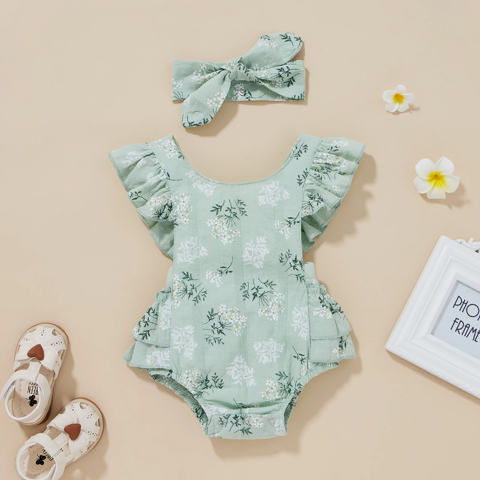 New Baby Romper With Hairband Kids Summer Flower Print Round Collar Fly Sleeve Bodysuit+ Headband 0-24 Months Hot Sale