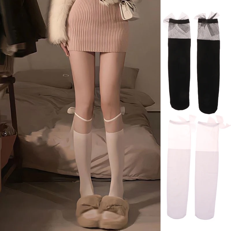 

Ladies Women Sweet Medium Lace Socks Knee High Socks Bowknot Calf Socks Summer Thin Spliced ​​Mid-Tube Socks