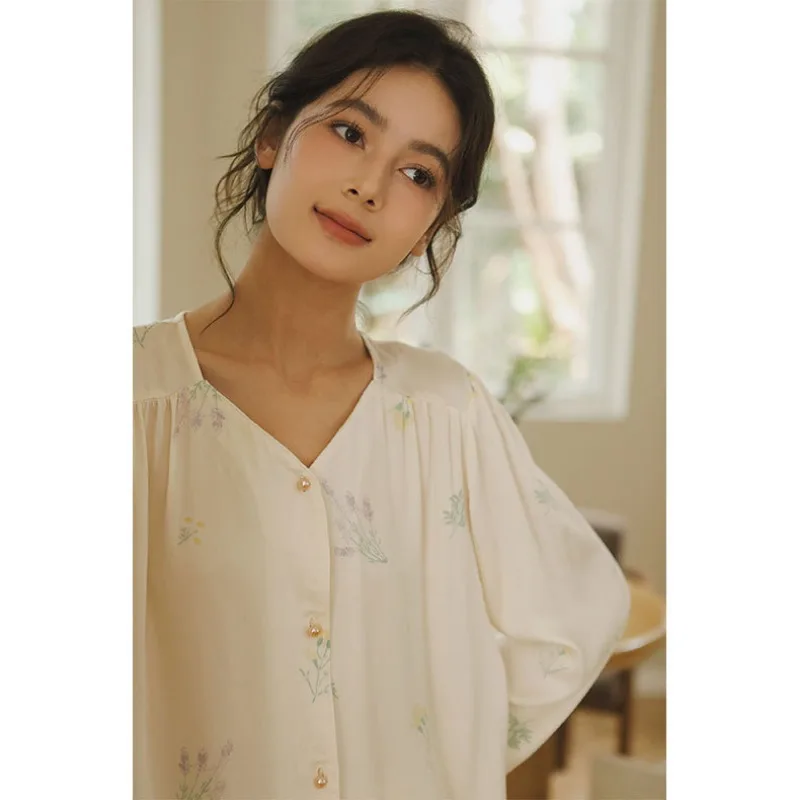 2023 Autumn Satin Long Sleeve Pajamas Set Cute Sweet Comfortable Printed Homewear Cotton Silk Fresh and Elegant Sleepwear