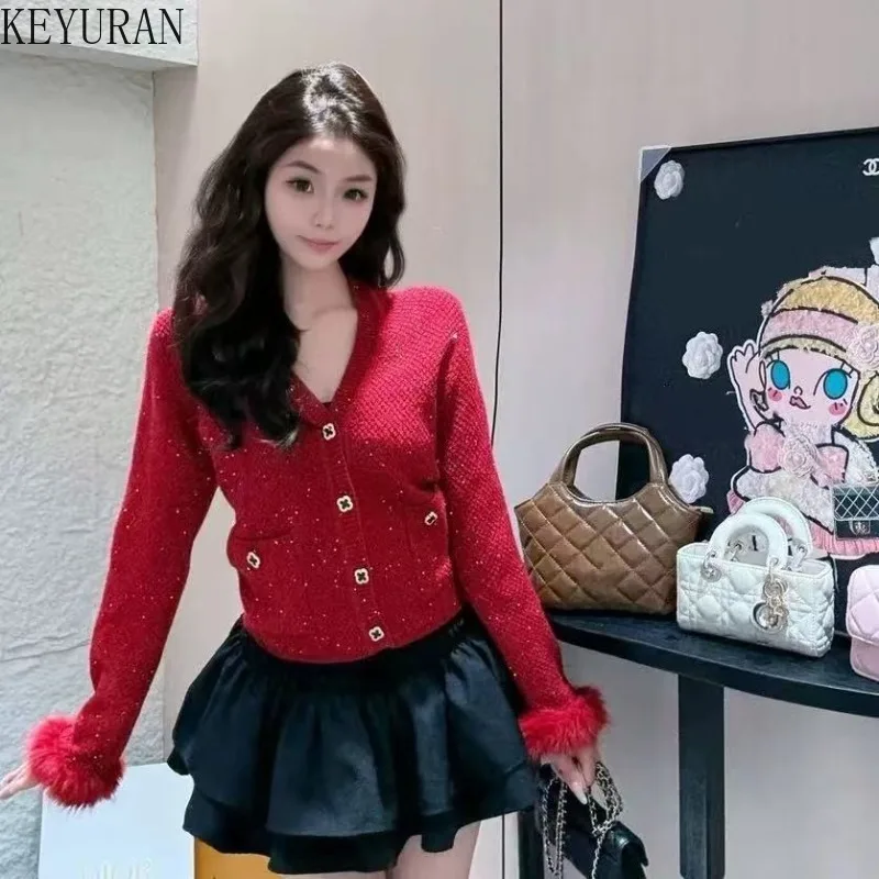 Elegancki czerwony kardigan damski na jesień i zimę, moda koreańska, krótki sweter z imitacji futra, patchworkowy czerwony płaszcz swetrowy, dzianina, dopasowany sweter.