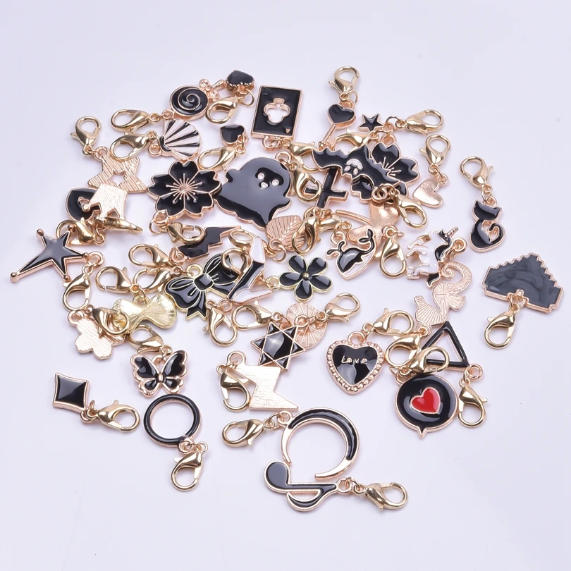 10/20/30/40pcs Wholesale Black Enamel Charms With Lobster Clasps Fit Backpack Bag Keychain DIY Moon Star Heart Pendant Materials