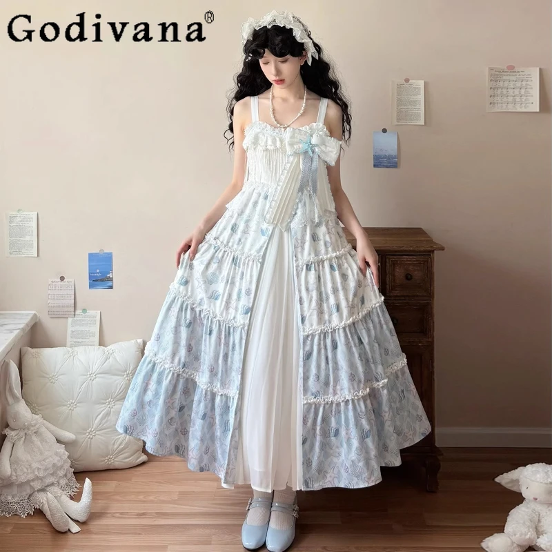 

Summer New Sweet Girl's Lolita Suspender Dress Jsk Woman's Slim-Fit Cute Print Y2k Long Tea Party Princess Dress Vestidos Mujer
