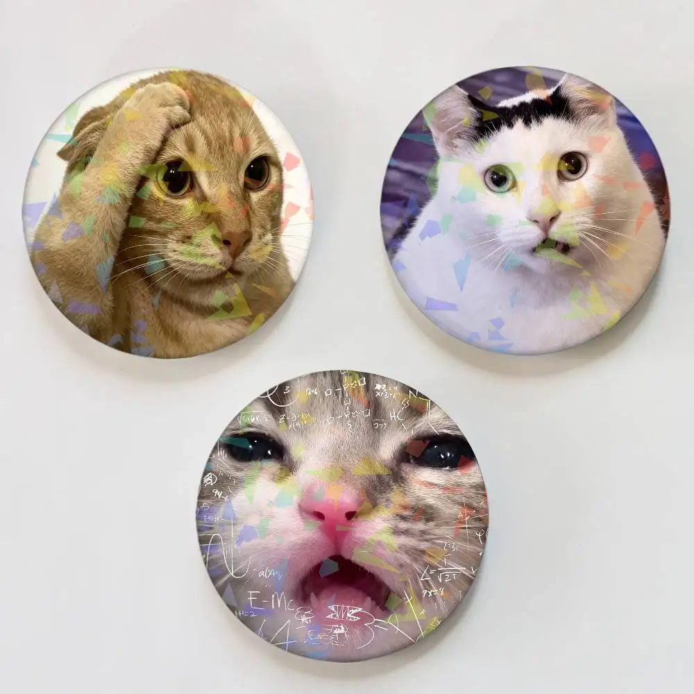 Interesting Cat Meme Funny Round Badge Lapel Pins for Backpacks Briefcase Laser Brooch Clothes Gifts