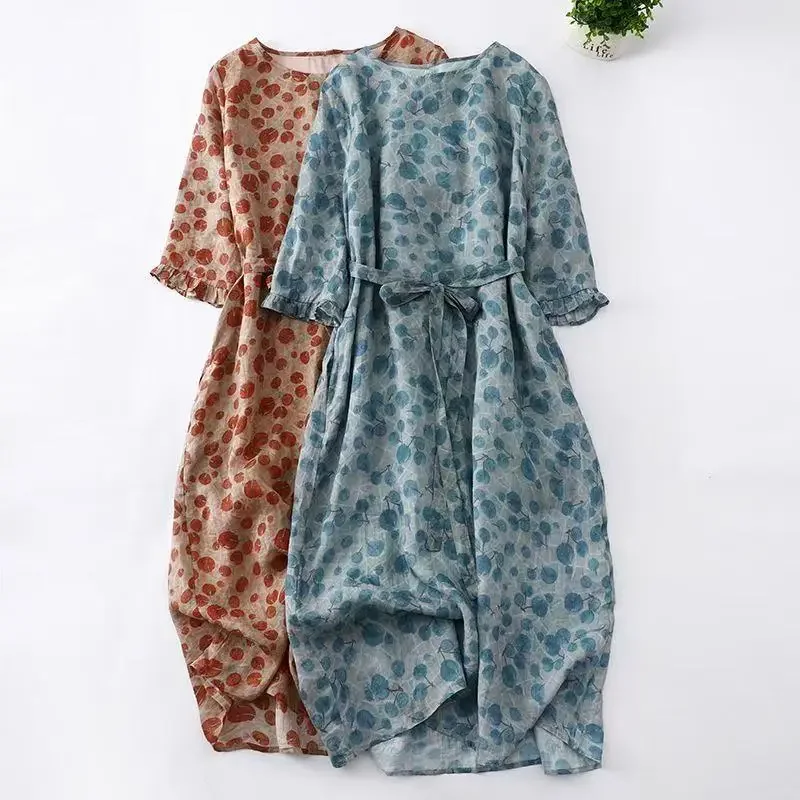 

Pop Women Clothing New Summer Vintage Cherry Print Female Party Dresses O-Neck Half Sleeve Lace Up A-Line Holiday Midi Dress