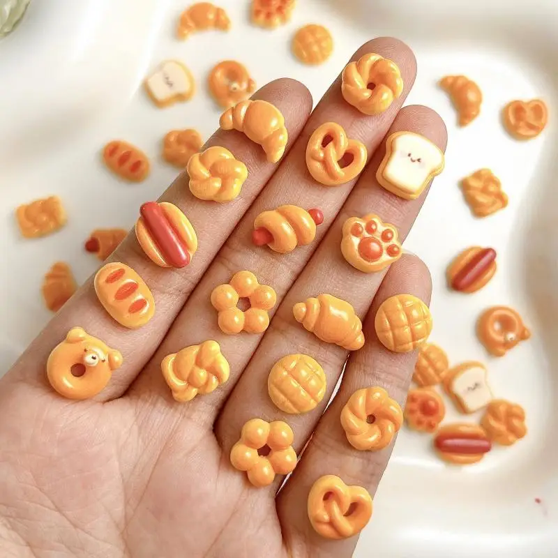 20Pcs Simulated Cartoon Smiley Face Toast Resin Nail Charms 3D Bear Donut Hot Dog Roll Nail Art Decorations for DIY Nails Crafts