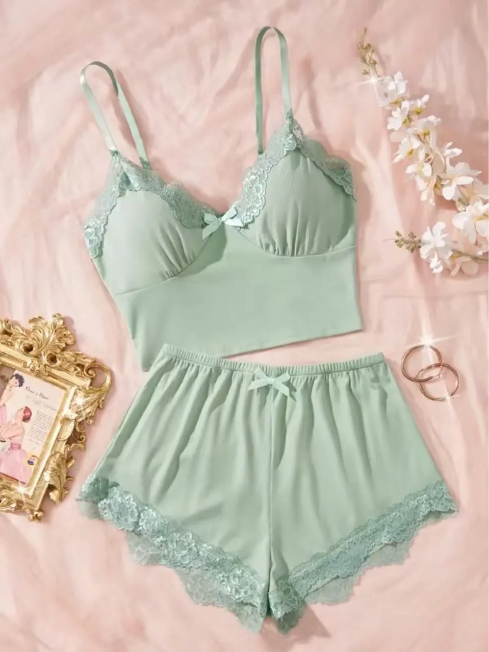 

Sexy Ribbed Lace Trim Camisole Pajama Set Scalloped V Neck Pajama Comfy Tank Short Sleepwear Home Soft Casual Loungewear