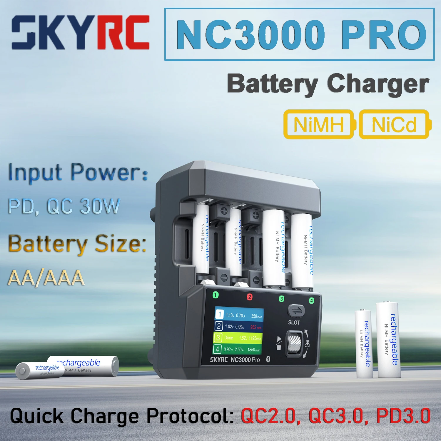 

SKYRC NC3000 PRO NiMH NiCd Зарядное устройство PD/QC AA/AAA Умное зарядное устройство для аккумуляторов 4 слота Поддержка нескольких языков Зарядное устройство для теста