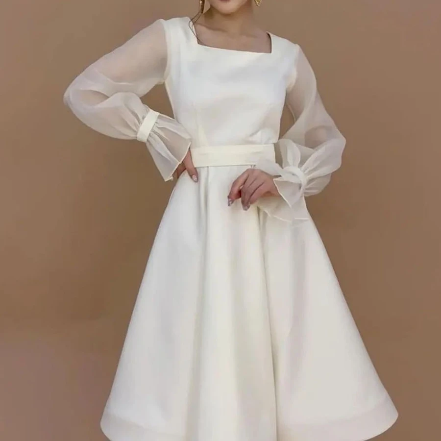 Elegant A-Line Homecoming Dresses for Women 2022 Square Neck Tea-Length Long Sleeve Illusion Formal Evening Wedding Party Gown