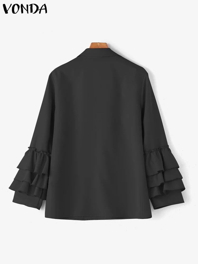 VONDA Fashion Ruffled Shirts Women Tops 2024 Autumn Long Sleeve Blouse Casual Sexy V-Neck Loose Solid Color Blusas Femininas