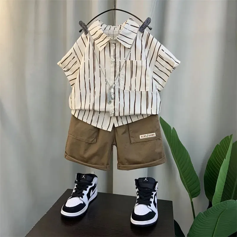 

Korean Children's Clothes Set Summer Kids Clothes Boys Outfits Baby Thin Short Sleeves Stripe Shirt +Shorts Two Pieces Set